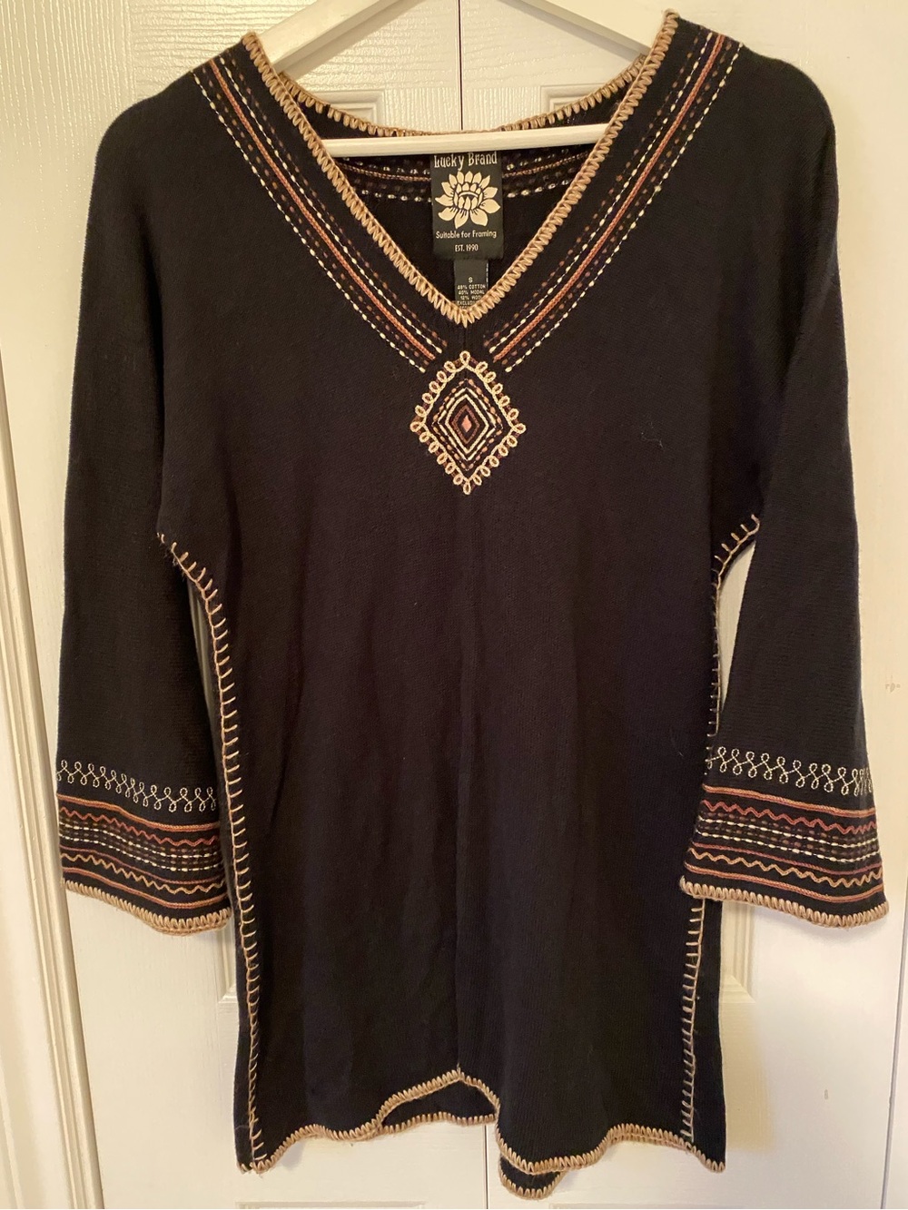 Lucky Brand Suitable for Framing Embroidered Knit Tunic 90s Y2K Black size Small
